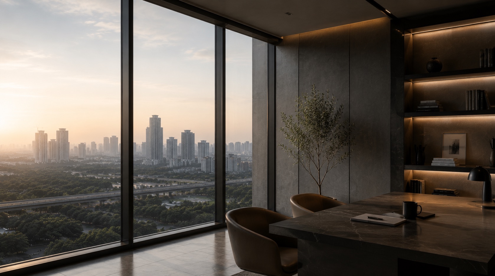 A Noida Invest advisory office overlooking the NCR skyline at dawn
