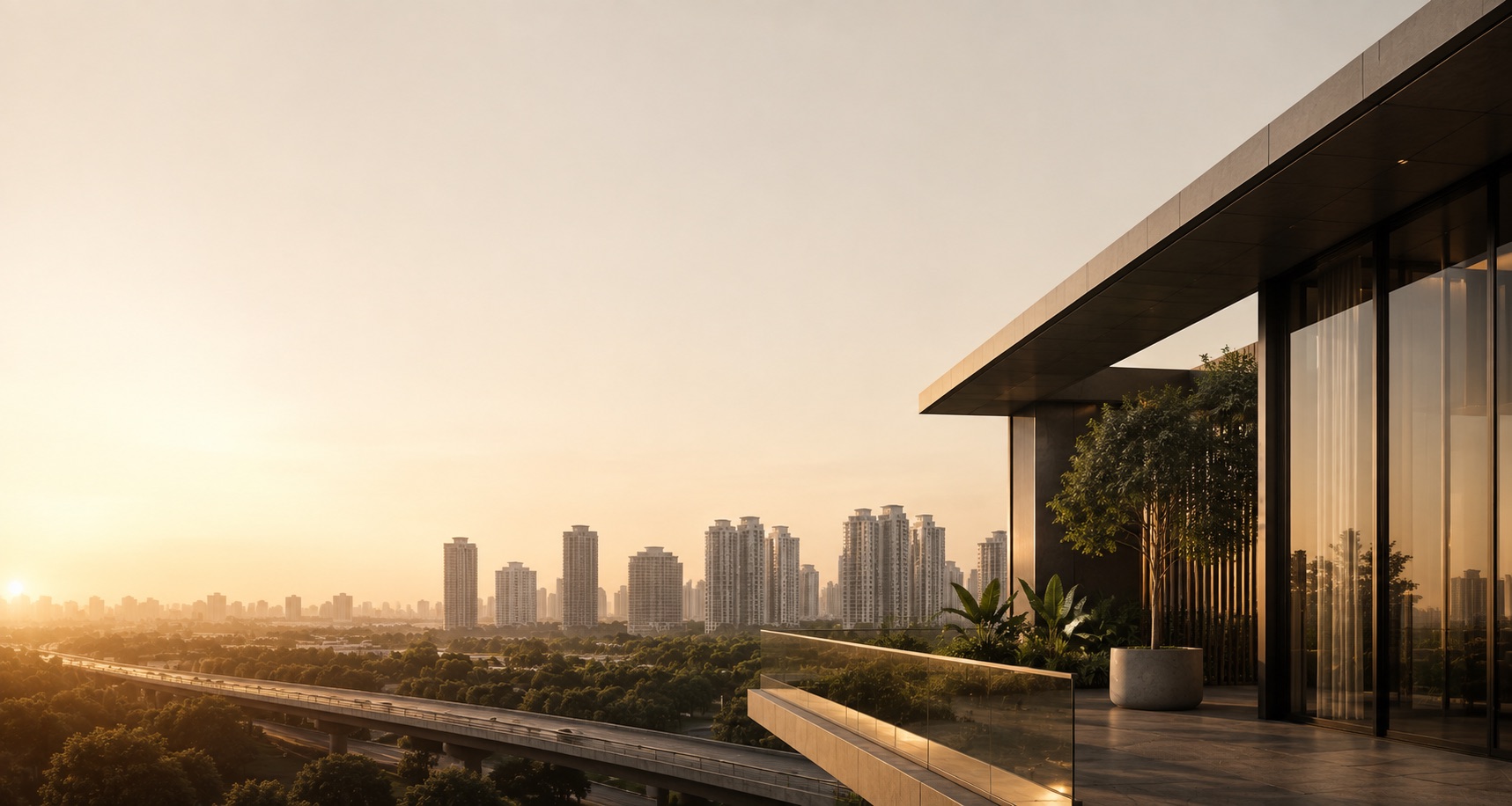 Golden-hour terrace view over a Noida & NCR skyline