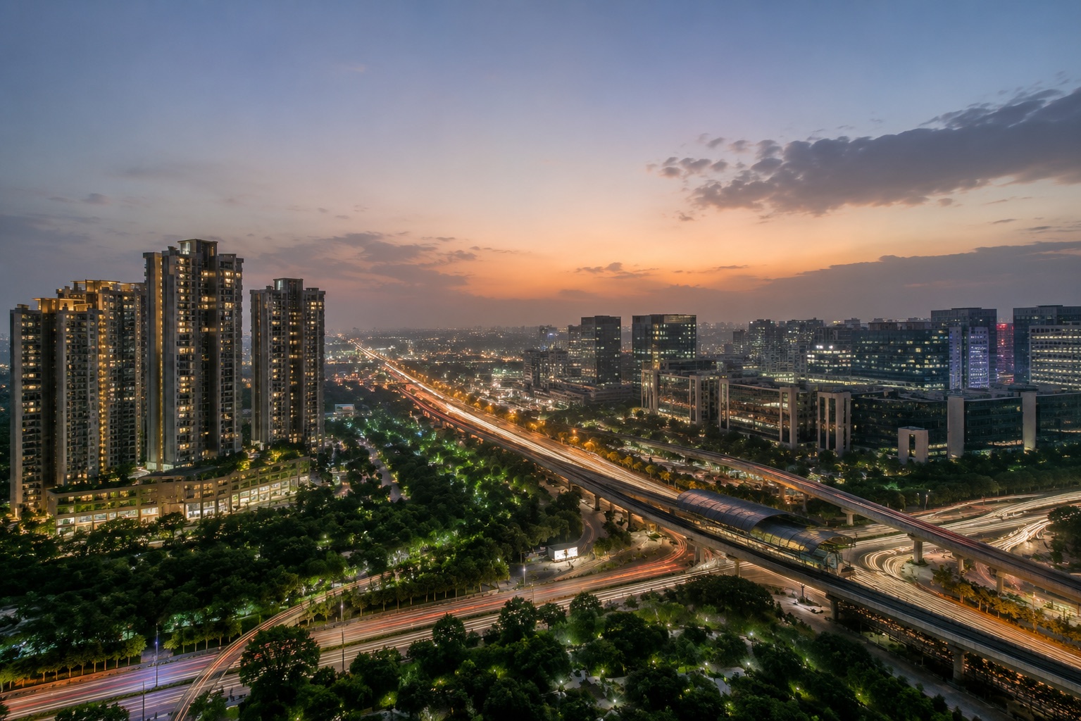 Twilight view of a Noida & NCR expressway and metro corridor lined with residential and commercial towers